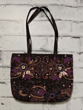 Vintage Beaded Floral Velvet Tote Boho Sequin Embroidered Bag
